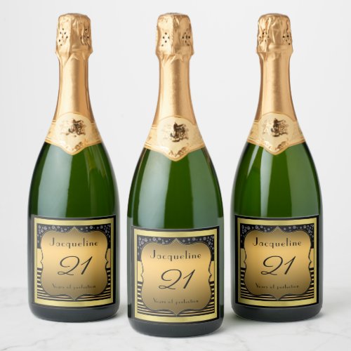 21st Birthday Monogram Name Black And Gold Sparkling Wine Label