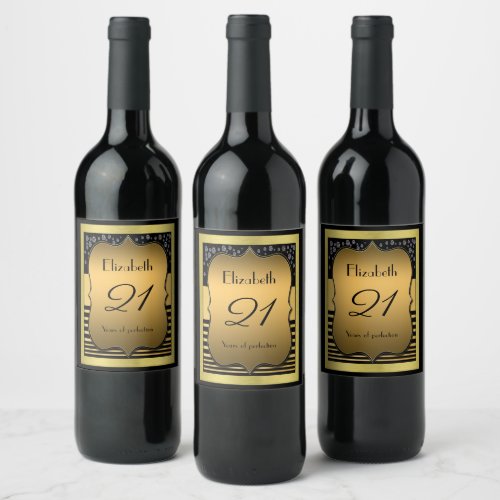 21st Birthday Monogram Name Vintage Black Gold Wine Label