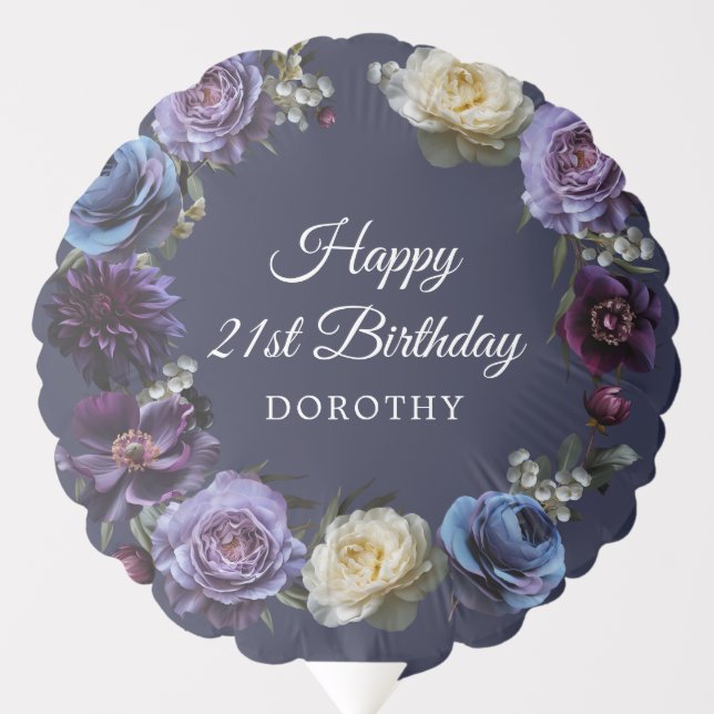 21st Birthday Moody Purple Flower Personalized Balloon (Front)