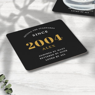 21st Birthday Name 2004 Black Gold Elegant Chic Square Paper Coaster
