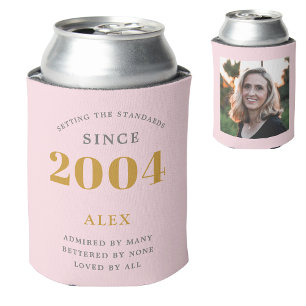 21st Birthday Name 2004 Chic Pink Grey Photo Can Cooler