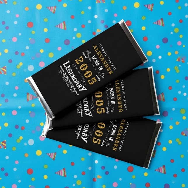 21st Birthday Name 2005 Black Gold Legend Hershey Bar Favors (Born 2005 Hershey bar wrappers. Blue background.)