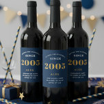 21st Birthday Name 2005 Blue Gold Elegant Chic Wine Label<br><div class="desc">2005 Vintage 21st Birthday Blue & Gold Elegant Wine Label. Celebrate your milestone with our exclusive 2005 Vintage 21st birthday wine label. The meticulously designed label with stunning blue and gold hues effortlessly enhances the visual appeal of your favorite wine. The year 2005, prominently featured on the label, adds a...</div>