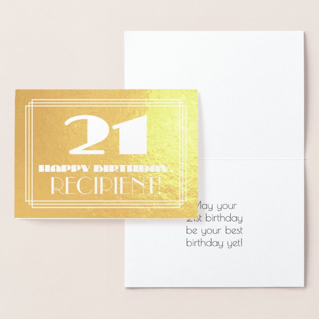 21st Birthday: Name + Art Deco Inspired Look "21" Foil Card (Display)