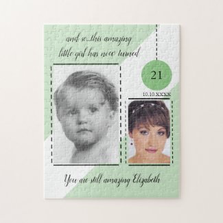 21st Birthday name date green white black photos Jigsaw Puzzle