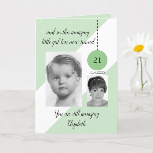 21st Birthday name date green white photo Card