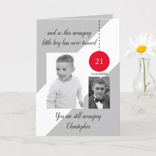 21st Birthday name date grey red photo Card