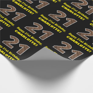 21st Birthday: Name & Faux Wood Grain Pattern "21" Wrapping Paper
