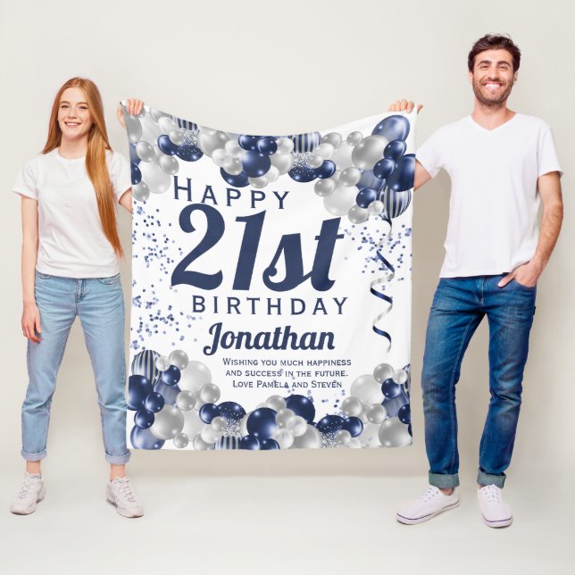 21st birthday Navy Balloons Fleece Blanket (In Situ)