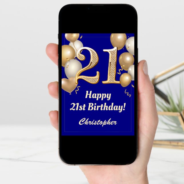 21st Birthday Navy Blue and Gold Balloons Confetti Card (Front Digital)