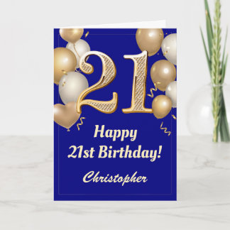 21st Birthday Navy Blue and Gold Balloons Confetti Card