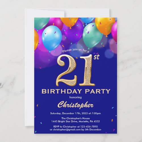 21st Birthday Navy Blue and Gold Colorful Balloons Invitation