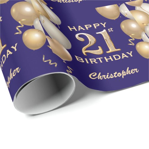 21st Birthday Navy Blue and Gold Glitter Balloons Wrapping Paper