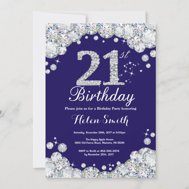 21st Birthday Navy Blue and Silver Diamond Invitation (Front)