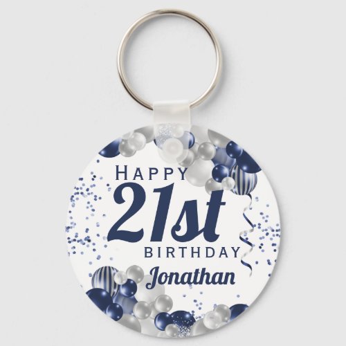 21st Birthday Navy Blue Balloons Keychain