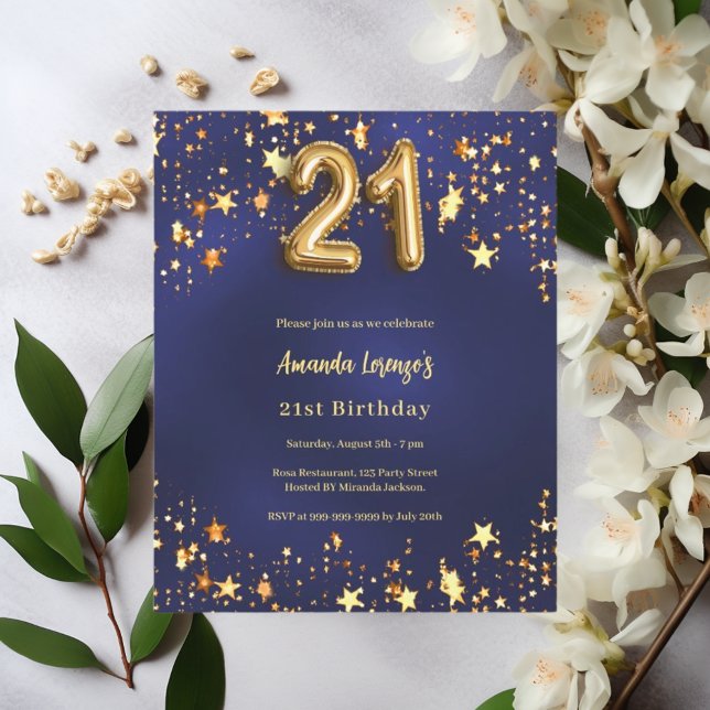 21st birthday navy blue gold stars invitation (Creator Uploaded)