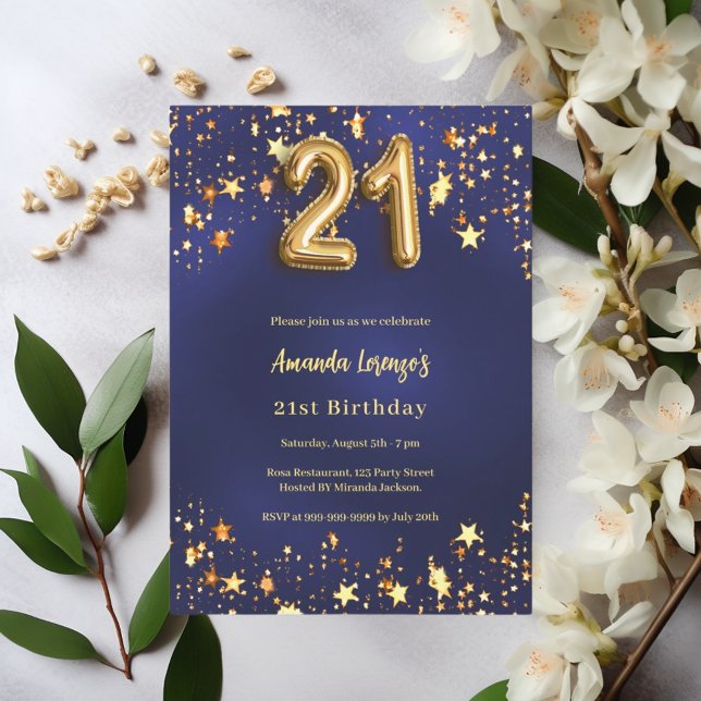 21st birthday navy blue gold stars invitation (Creator Uploaded)