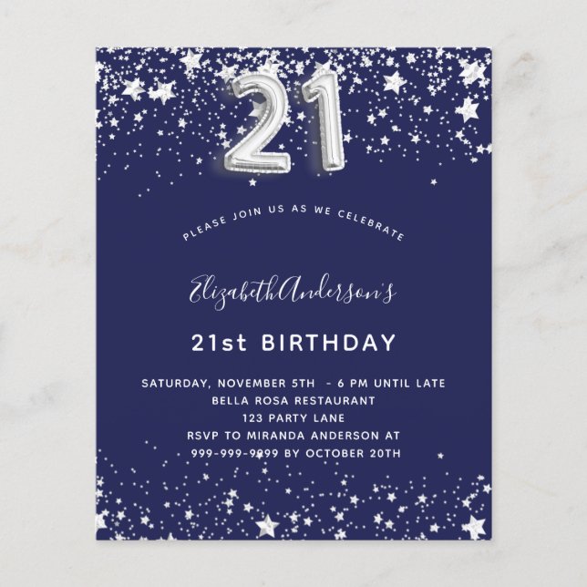 21st birthday navy blue silver budget invitation flyer (Front)