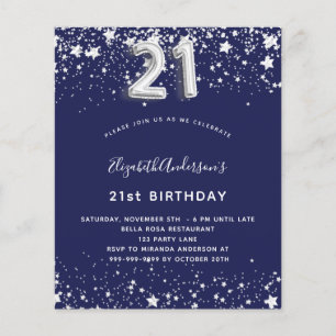 21st birthday navy blue silver budget invitation flyer