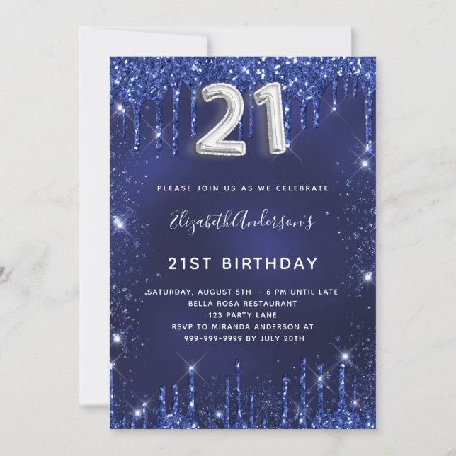 21st birthday navy blue silver glitter dust glam invitation (Front)