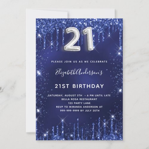 21st birthday navy blue silver glitter dust glam invitation