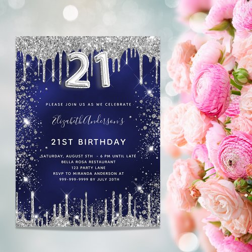 21st birthday navy blue silver glitter dust glam invitation postcard