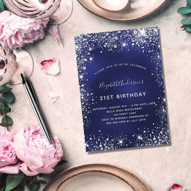 21st birthday navy blue silver glitter glamorous invitation (Creator Uploaded)