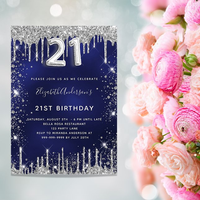 21st birthday navy blue silver glitter luxury invitation (Creator Uploaded)