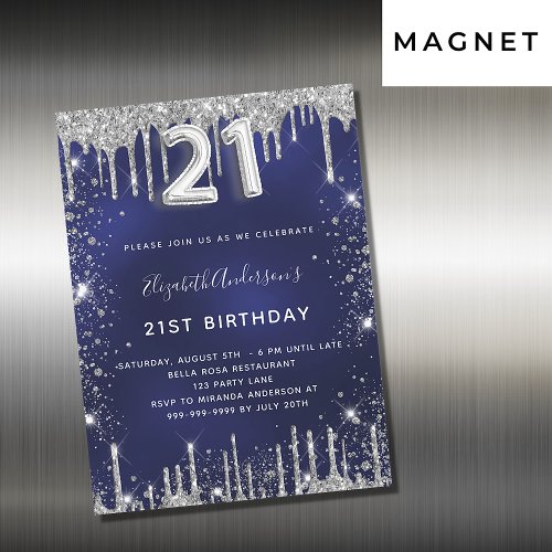 21st birthday navy blue silver glitter luxury magnetic invitation