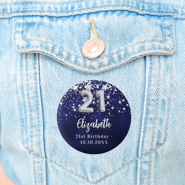 21st birthday navy blue silver stars button (Creator Uploaded)