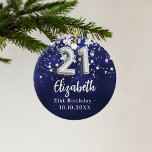 21st birthday navy blue silver stars ceramic ornament<br><div class="desc">A navy blue background color with faux silver stars. The blue color is uneven.  Add your name,  text/date</div>