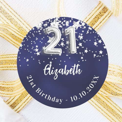 21st birthday navy blue silver stars classic round sticker