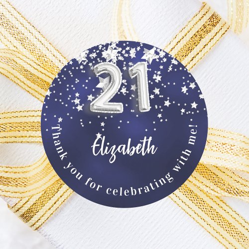 21st birthday navy blue silver stars classic round sticker