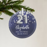 21st birthday navy blue silver stars glass ornament<br><div class="desc">A navy blue background color with faux silver stars. The blue color is uneven.  Add your name,  text/date</div>