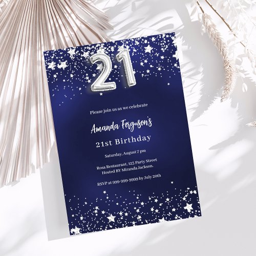 21st birthday navy blue silver stars invitation