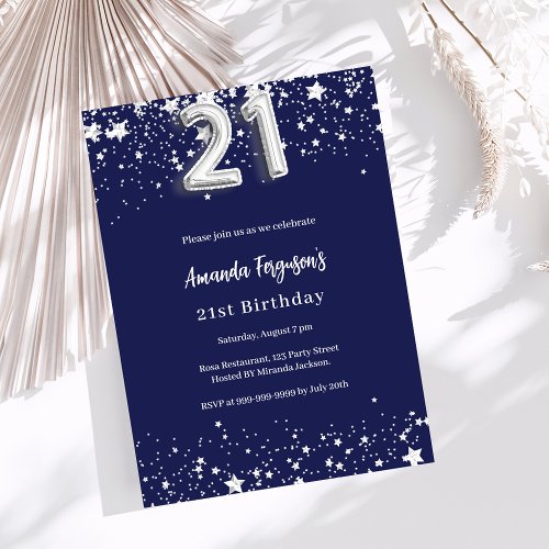 21st birthday navy blue silver stars invitation