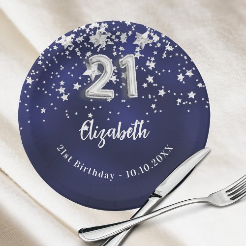 21st Birthday navy blue silver stars Paper Plates