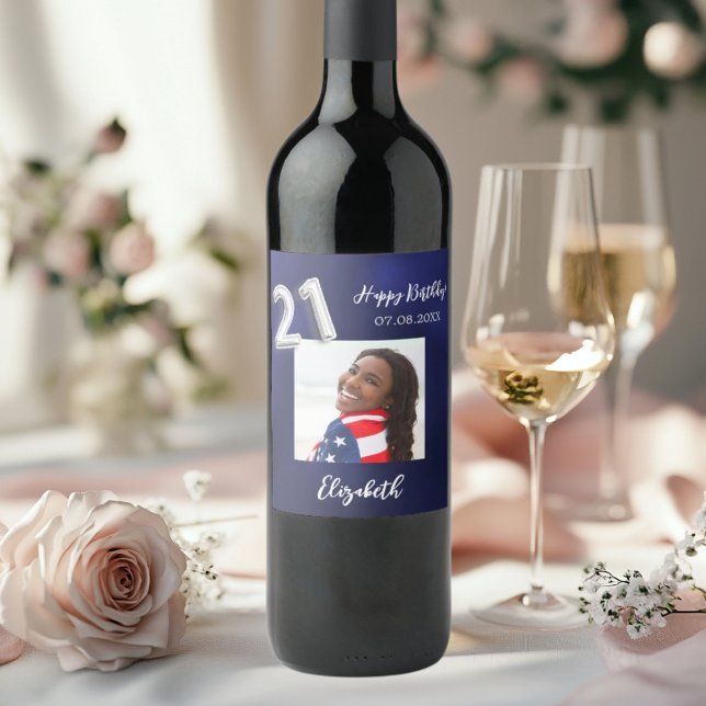 21st Birthday navy blue white photo Wine Label (Creator Uploaded)