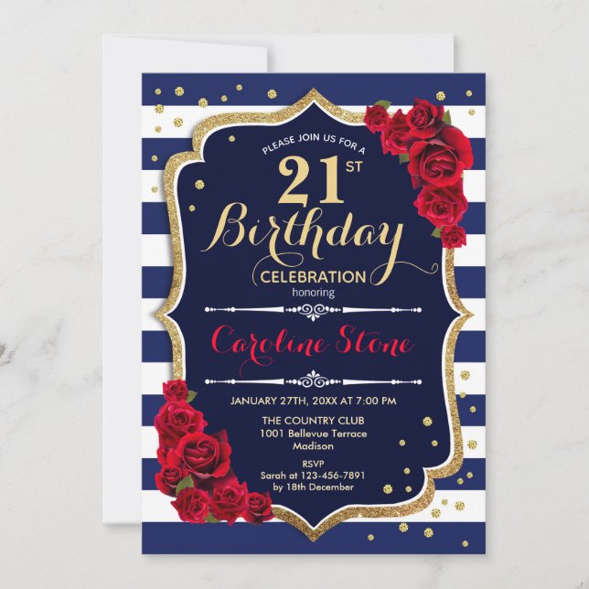 21st Birthday - Navy White Stripes and Red Roses Invitation (Front)