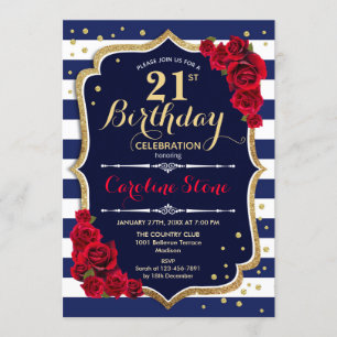 21st Birthday - Navy White Stripes and Red Roses Invitation