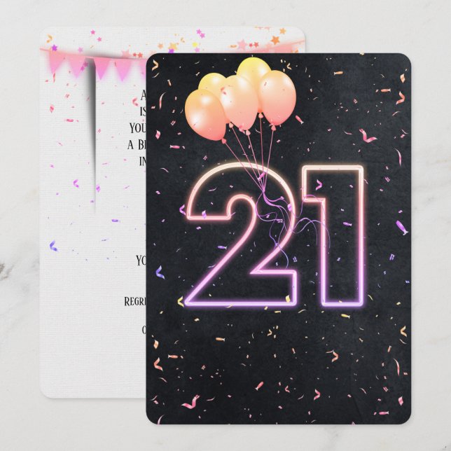 21st Birthday Neon Sign On Black Invitation (Front/Back)