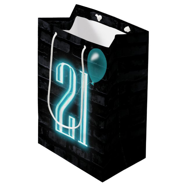 21st Birthday Neon Sign on Brick Medium Gift Bag (Front Angled)