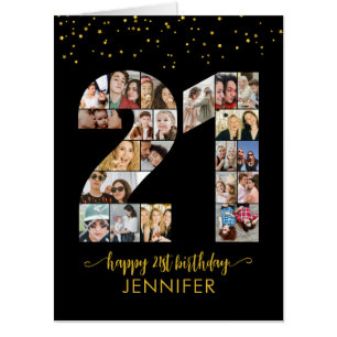 21st Birthday Number 21 Custom Photo Collage Black Card