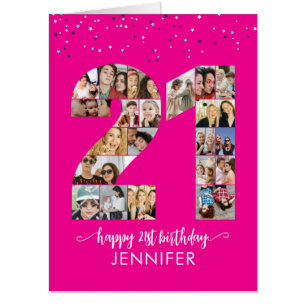 21st Birthday Number 21 Custom Photo Collage Pink Card
