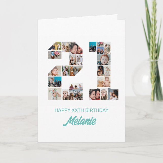 21st Birthday Number 21 Photo Collage Personalized Card (Front)
