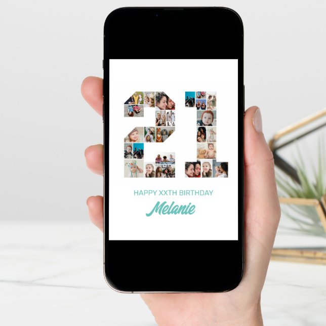 21st Birthday Number 21 Photo Collage Personalized Card (Front Digital)