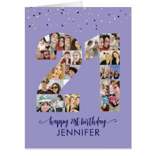 21st Birthday Number 21 Photo Collage Purple Card