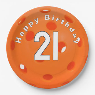 21st Birthday Orange Pickleball Paper Plates