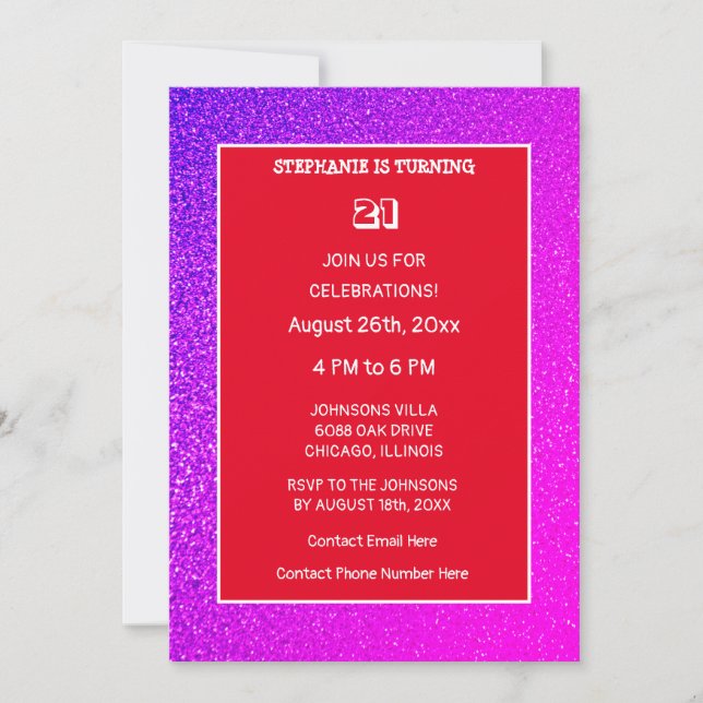 21st Birthday Orange Pink Purple Glitter Modern Invitation (Front)