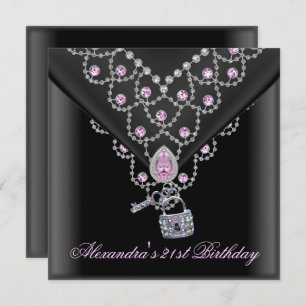 21st Birthday Overlay Black Pink Jewel Key Lock Invitation